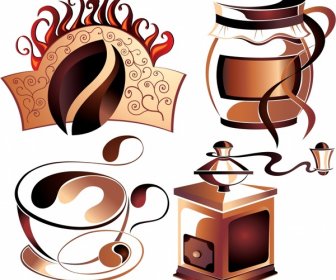 Elemen Desain Kopi Sketsa Simbol 3d Coklat