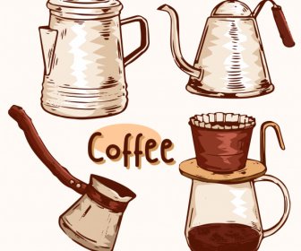 コーヒーデザイン要素レトロ手描きケトルフィルターツール