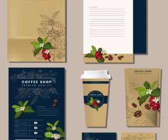 Coffee Flowers Branding Identity Sets Colored Handdrawn Decor