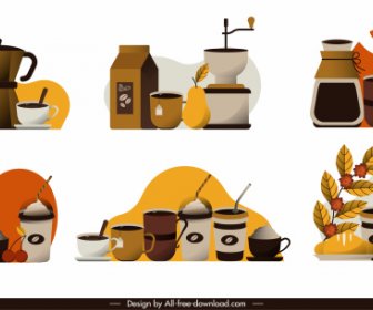 Coffee Icons Colorful Classical Decor Objects Sketch