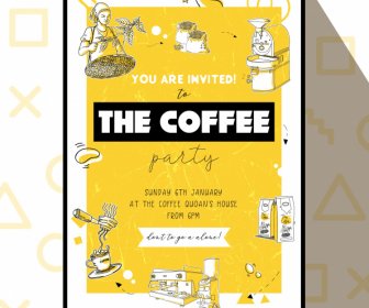 Coffee Party Flyer Retro Handdrawn Sketch