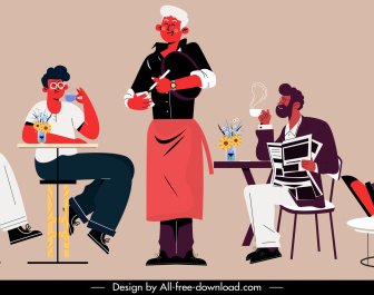 Kaffee-Restaurant Icons Kellner Kunden Skizzieren Zeichentrickfiguren