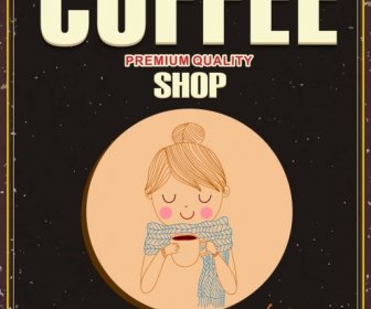 커피숍 포스터 여성 아이콘 복고풍 Handdrawn 만화