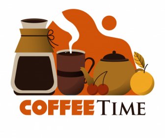 Kaffee-Zeit-Banner Bunte Klassische Dekor Objekte Skizze