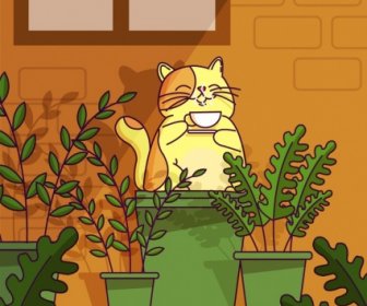 Kopi Waktu Menggambar Ikon Bergaya Kucing Kartun Desain