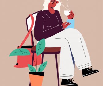 кофе время картина расслабленной женщиной плоский эскиз мультфильма