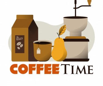 Coffee Time Poster Objects Sketch Colored Classic Design