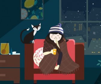 Cold Winter Drawing Girl Cat Cozy Room Icons