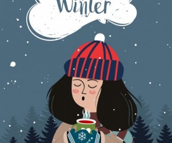 Cold Winter Drawing Girl Icon Colored Cartoon