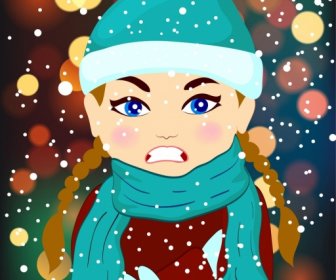 Zima Rysunek Dziewczyna Ikona Kolorowe Cartoon