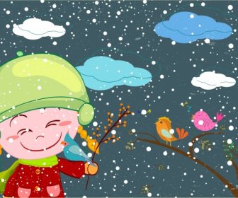 寒冷的冬天快乐的孩子彩色卡通画