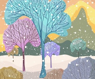Cold Winter Drawing Leafless Trees Colorful Flat Decor