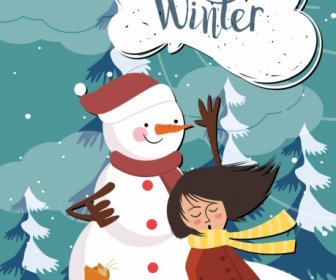 Cold Winter Drawing Snowman Girl Icons Colored Cartoon