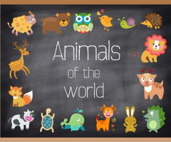 Colored Animals Icons Illustration On Chalkboard