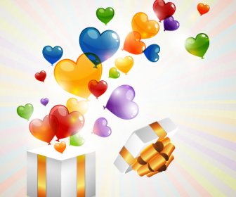 Farbige Herzförmigen Ballon Mit Geschenk-Box-Vektor