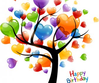 Renkli Kalp Ağaç Mutlu Doğum Günü Kartı Vektör
