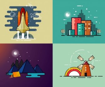 Colored Paintings Collection Spaceship Buildings Mountains Windmill Outline