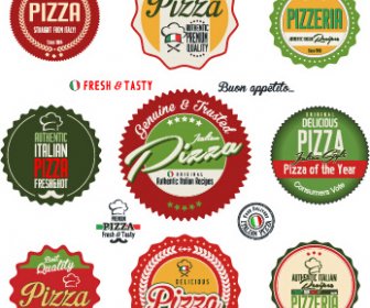 étiquettes De Couleur Pizza Avec Un Vecteur Badges Rétro