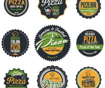 Pizza Berwarna Label Dengan Lencana Retro Vektor