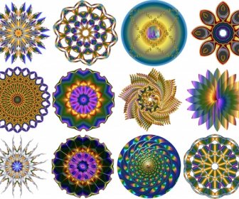 ícones Coloridos Abstratos Decorativos Caleidoscópio Com Várias Formas