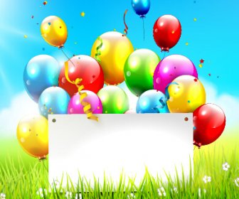 Colorful Balloon With Confetti And Grass Background