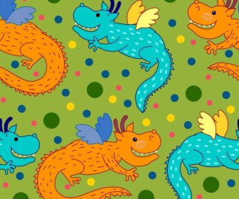 Colorful Dragons Background Stylized Cartoon Style Repeating Decoration