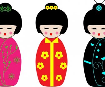 Colorful Kokeshi Dolls Set Vector Illustration