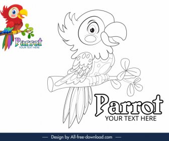 Mewarnai Elemen Desain Buku Handdrawn Parrot Sketsa