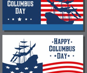 コロンブス記念日バナー米国旗古代船シルエット