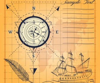 Latar Belakang Kompas Peta Kuno Handdrawn Kapal Sketsa