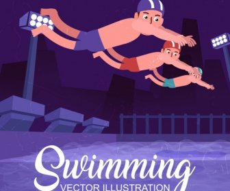 Rekabetçi Spor Arka Plan Yüzücü Simgeler Renkli Karikatür