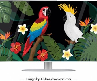 Computer Screen Icon Colorful Tropical Parrots Decor