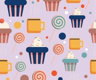 Süßwaren Hintergrund Kuchen Süßigkeiten Icons Mehrfarbig Wiederholen Flach