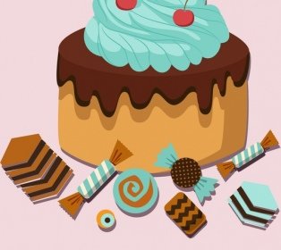 Süßwaren Hintergrund Sahnetorte Bonbons Icons Mehrfarbiges Design