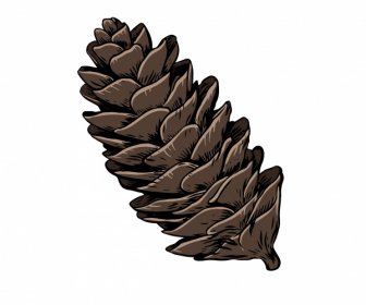 침엽수 소나무 콘 아이콘 핸드그린 스케치 컬러 복고풍