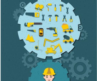 Construction Service Concept With Tools And Gears Icons