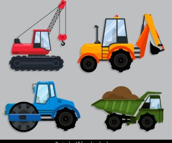 Construction Vehicles Icons Colored Modern Flat Sketch