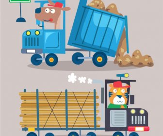 Construction Vehicles Icons Truck Trailer Sketch Cartoon Design