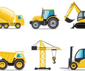 Construction Vehicles Icons Yellow Equipment Objects Modern Design