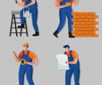 Construction Worker Icons Colored Cartoon Characters Sketch