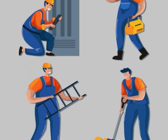 Construction Workers Icons Men Sketch Colored Cartoon Design