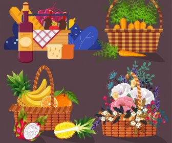 Container Baskets Icons Camping Fruit Vegetables Floral Sketch
