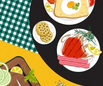 الطبخ خلفية الإفطار إعداد رمز ديكور متعدد الألوان