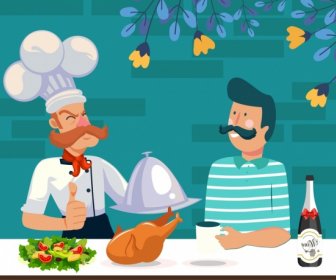 Cooking Background Chef Customer Food Icons Cartoon Characters