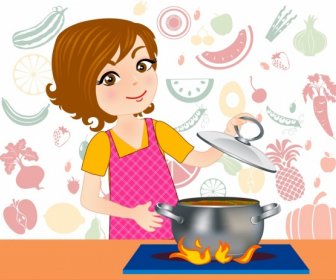 Cozinhar Cozinheiro Feminino Fundo ícone Vinheta Ingredientes Pano De Fundo