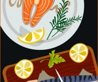 Cooking Background Fish Cuisine Icons Multicolored Design