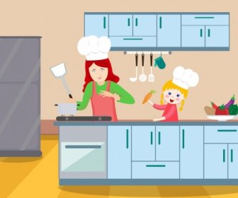 Cooking Background Mother Daughter Kitchen Icons Cartoon Design