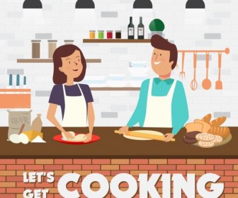 Cooking Banner Man Woman Kitchen Icons Cartoon Design