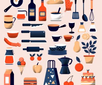 Cooking Design Elements Utensils Ingredients Sketch Colorful Classic
