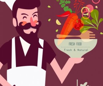 Yemek Pişirme Poster Aşçı Sebze Mutfaklar Simgeler çizgi Film Karakteri